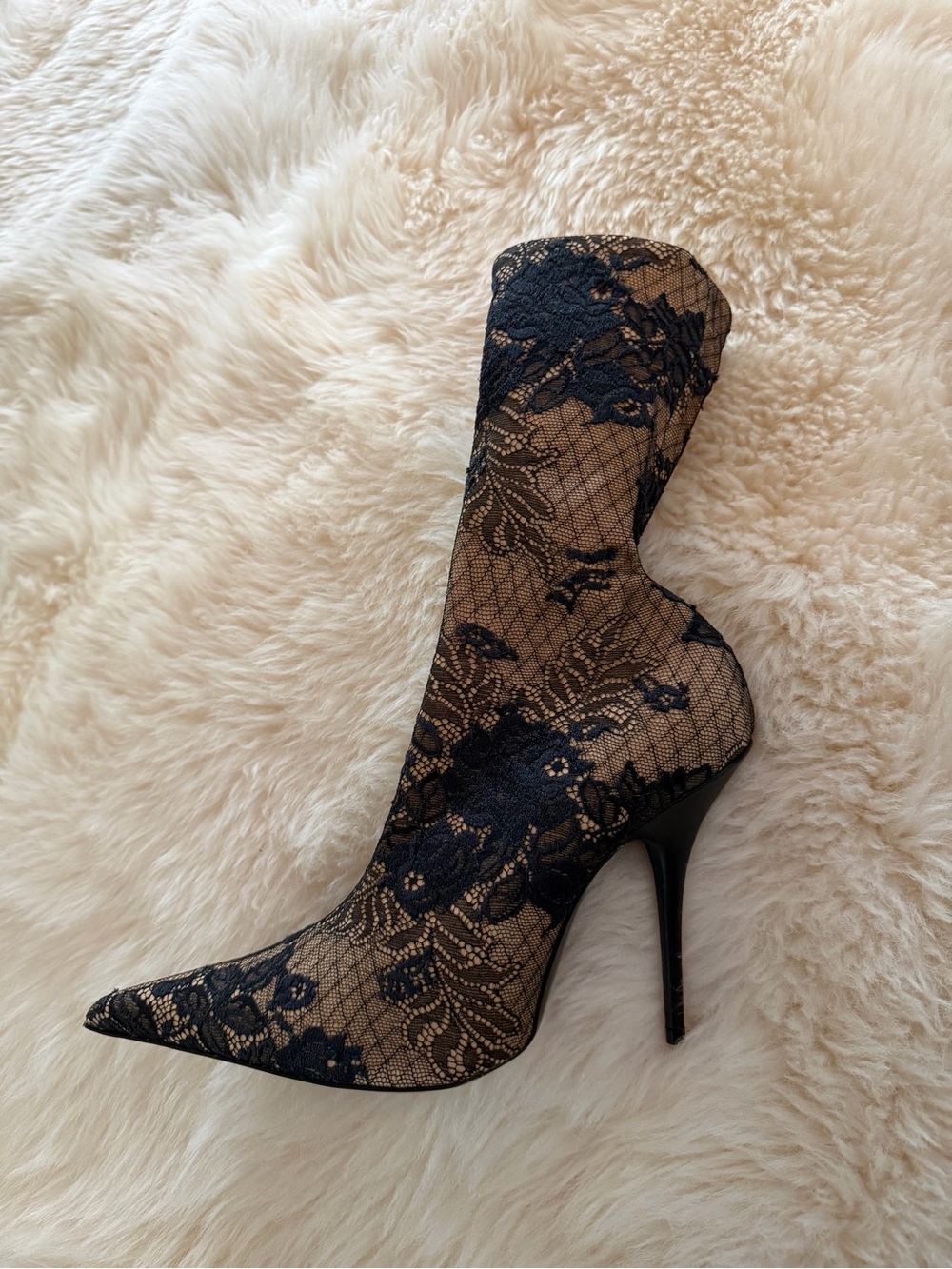 Balenciaga Black Lace Pointed Stiletto Knife Boot Demna